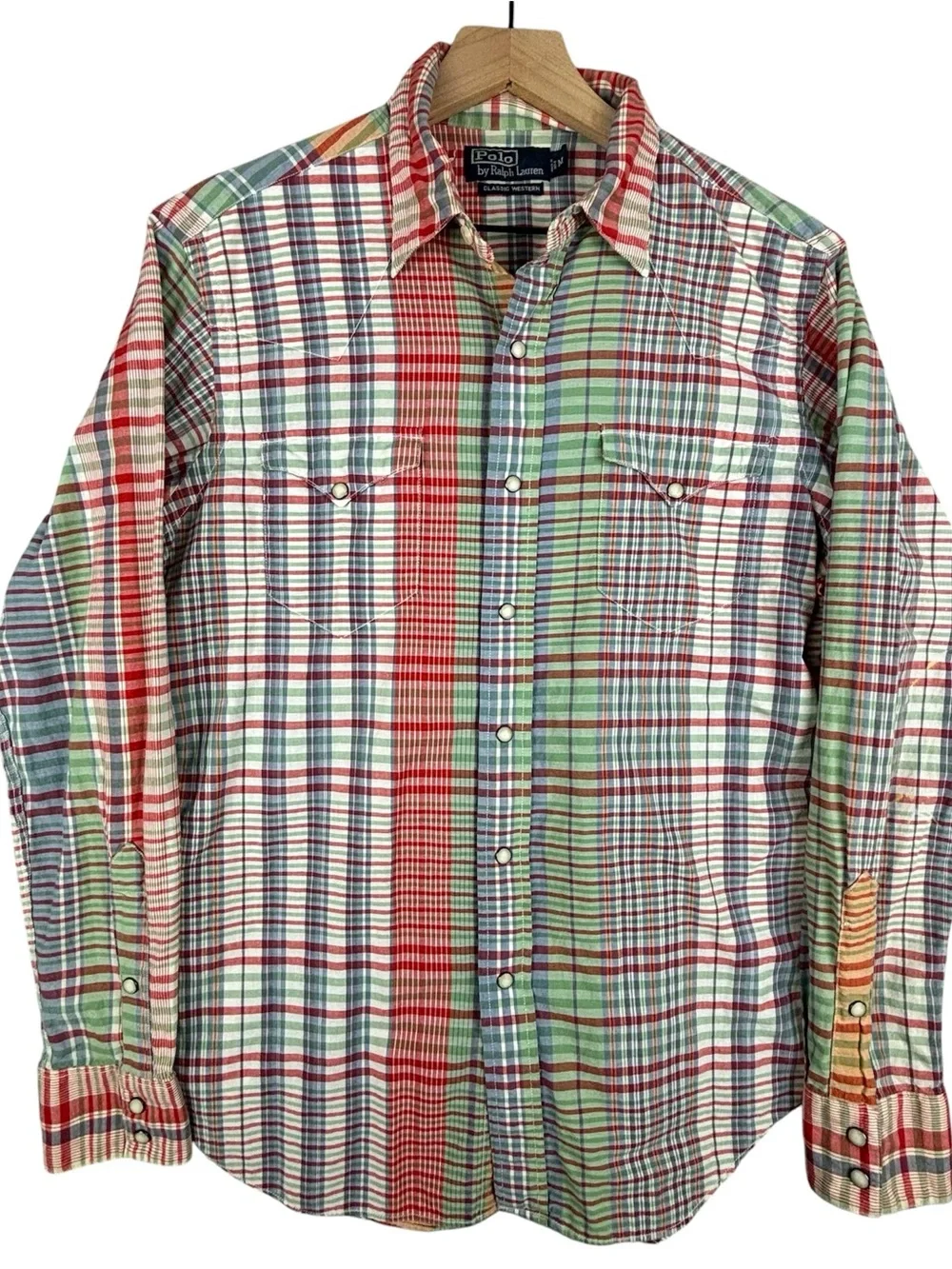 Polo Ralph Lauren Vintage‎ Classic Western Shirt Plaid Pearl Snap Mens Medium